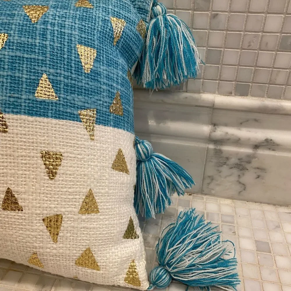 Pier One Lumbar Teal White Pillow with Tassels - Picture 9 of 9